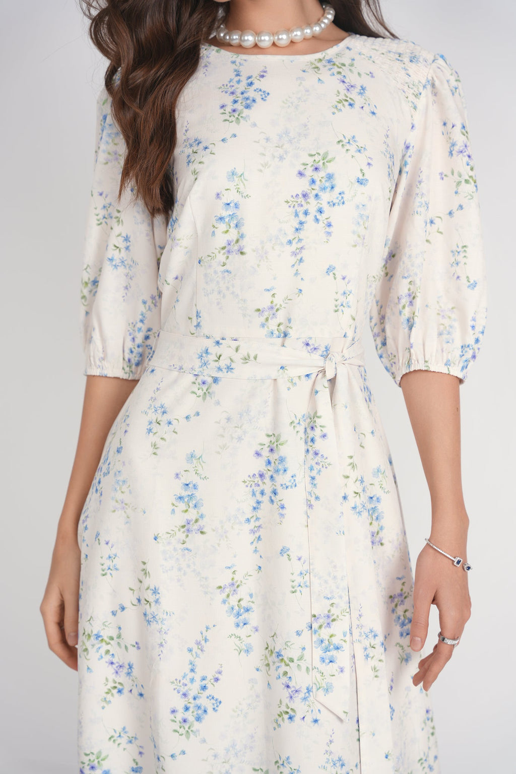 Smocked Shoulder Dress- White Floral
