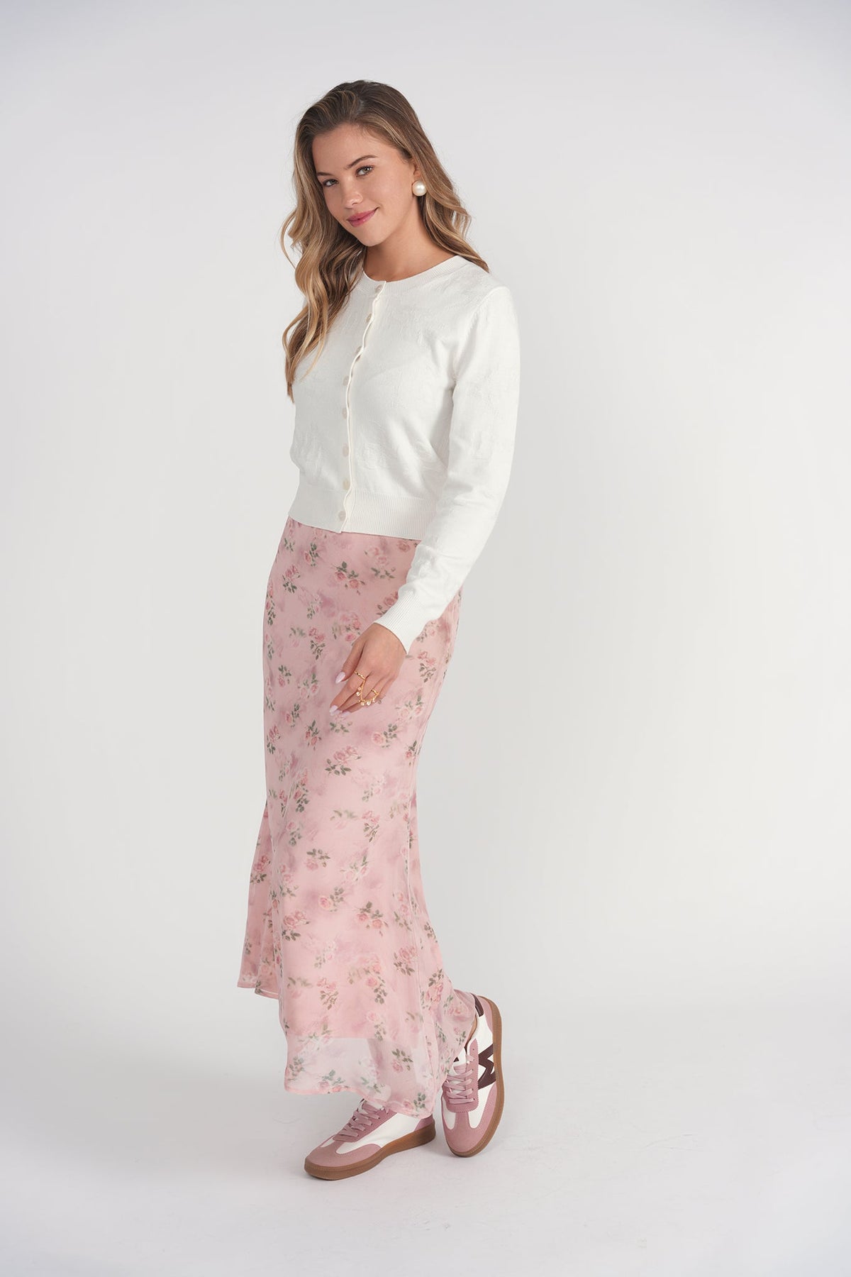 Bias Cut Midi Skirt- Pink Floral Chiffon