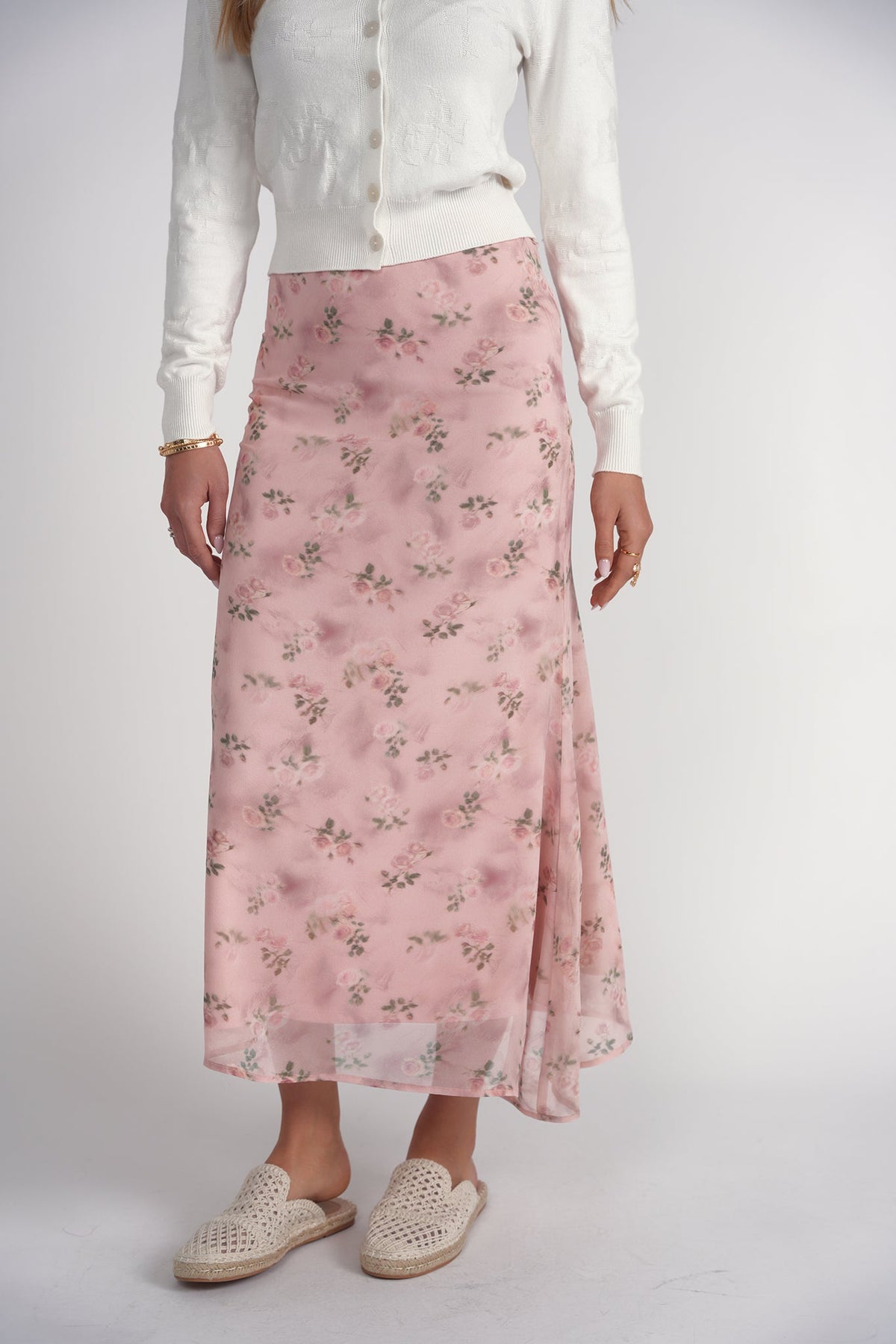 Bias Cut Midi Skirt- Pink Floral Chiffon