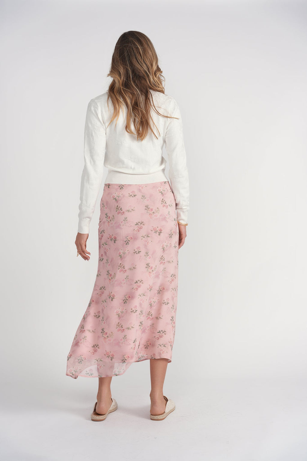 Bias Cut Midi Skirt- Pink Floral Chiffon