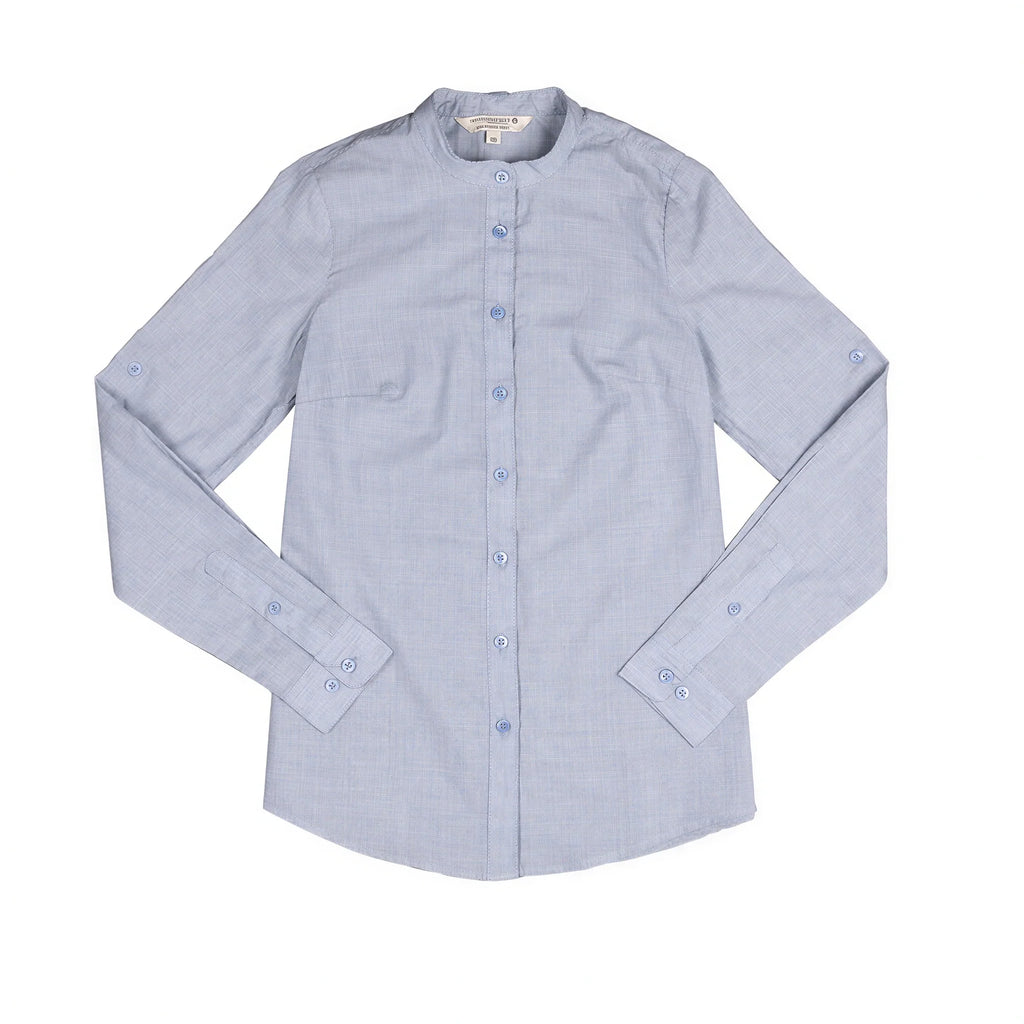 Chef Works Verismo SFB02W-BLU-L Women's Blue Poly/Cotton Dress Shirt, Large, Long Sleeve, Thin-Stripe, Roll-Up Sleeves