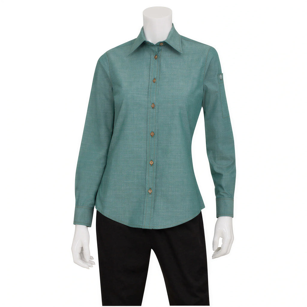 Chef Works Chambray SLWCH002-GRM-M Women's Dress Shirt, Long Sleeve, Green, Poly/Cotton, Medium