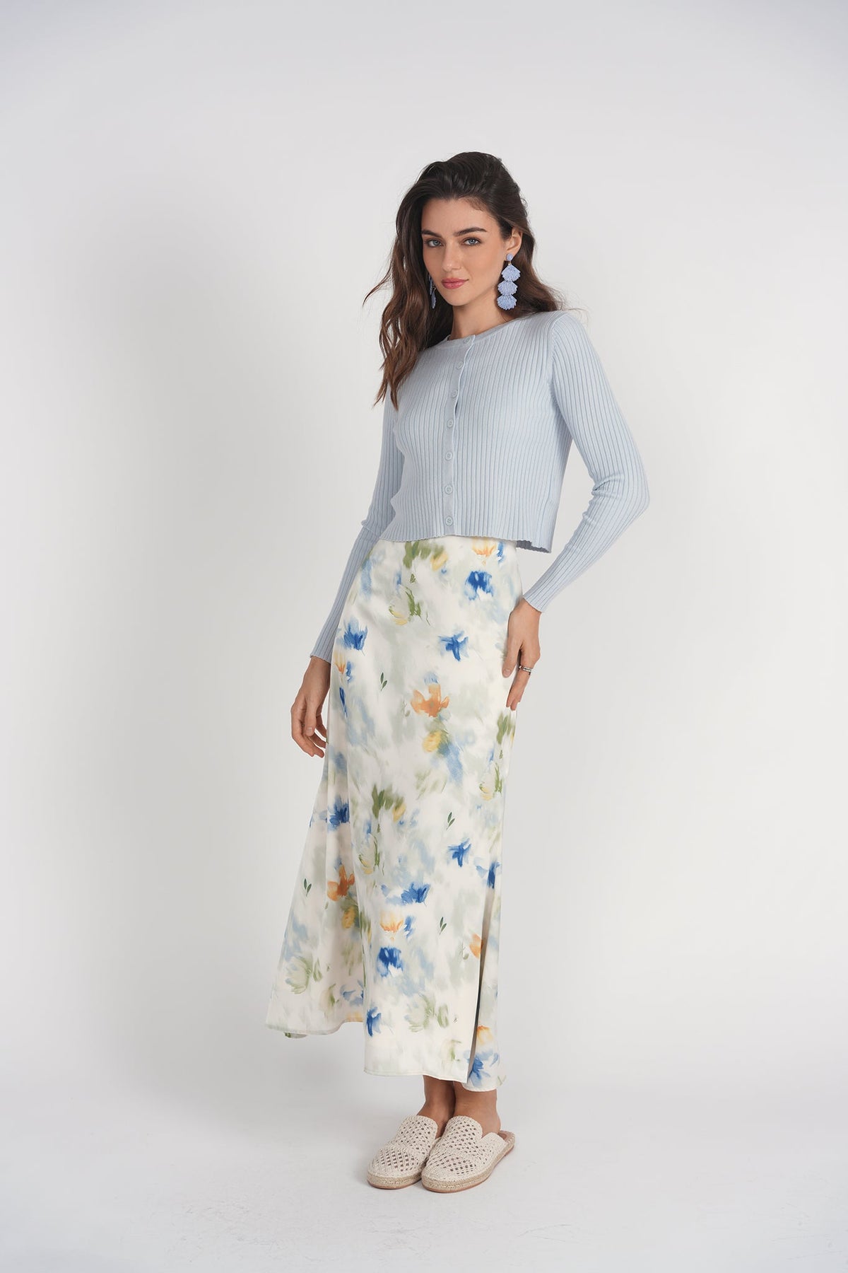 Bias Cut Midi Skirt- Abstract Floral Satin