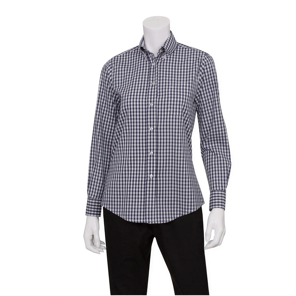 Chef Works Gingham W500-BWK-XS Women's Gingham Dress Shirt, Long Sleeve, Poly/Cotton, White/Dark Navy Check, XS