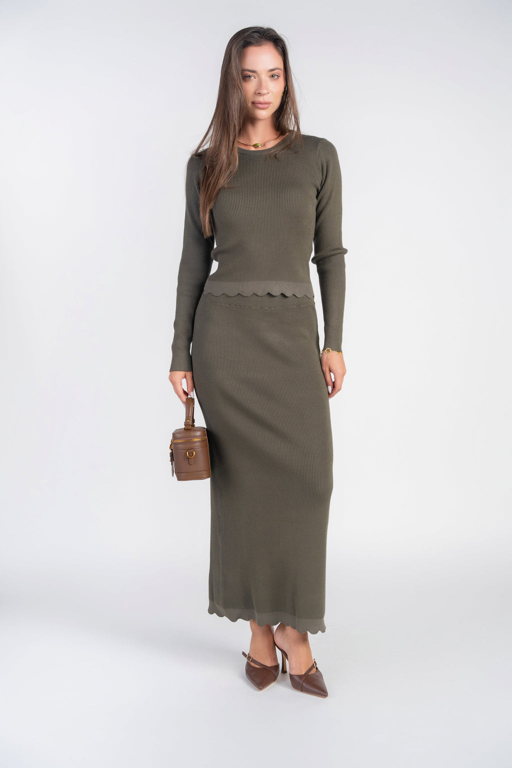 Scalloped Knit Skirt- Olive