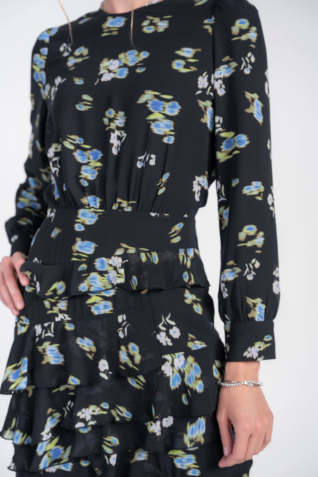 Esme Dress- Bright Flowers on Black Chiffon