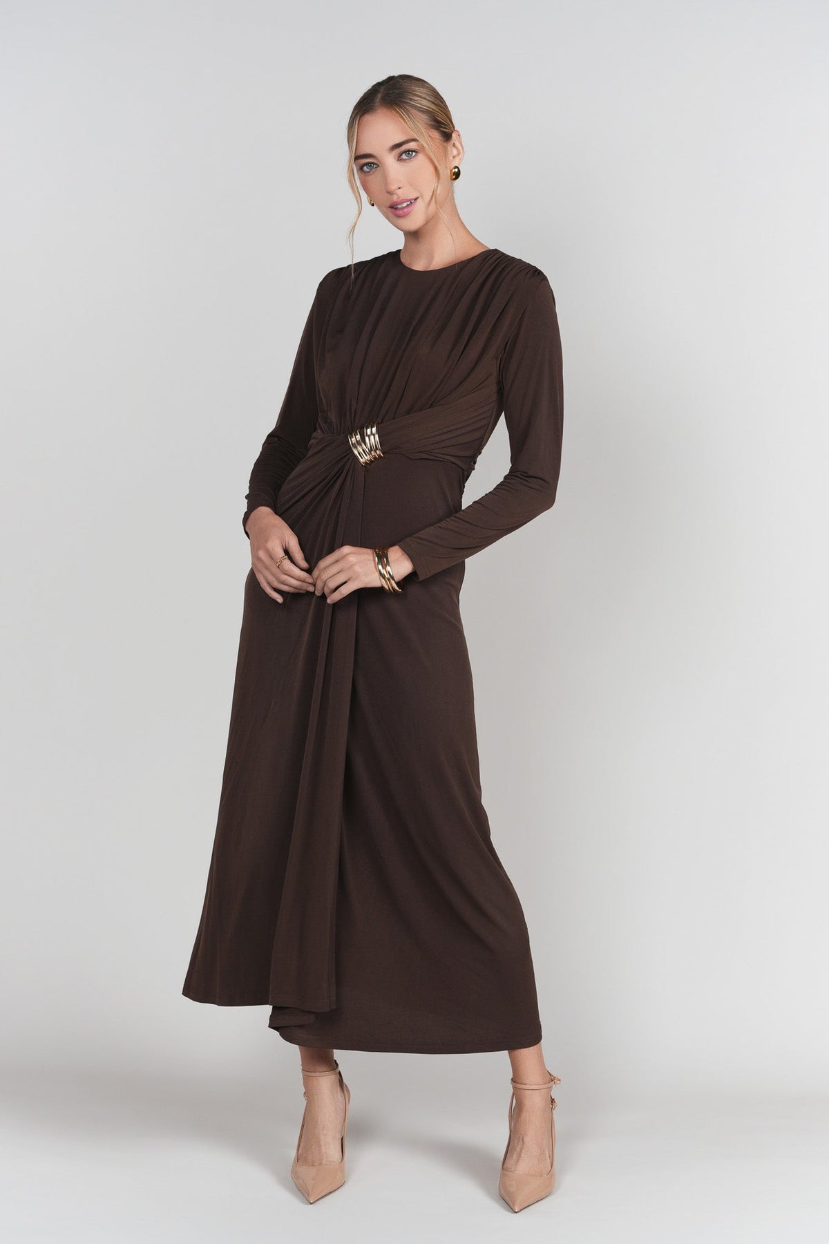 Draped Front Dress- Brown