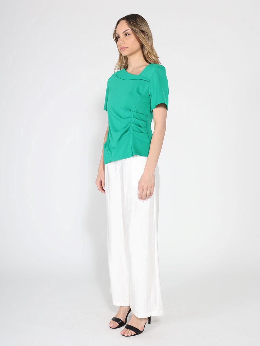 Gracia Fashion Women's Asymmetrical neck ruched detail solid top