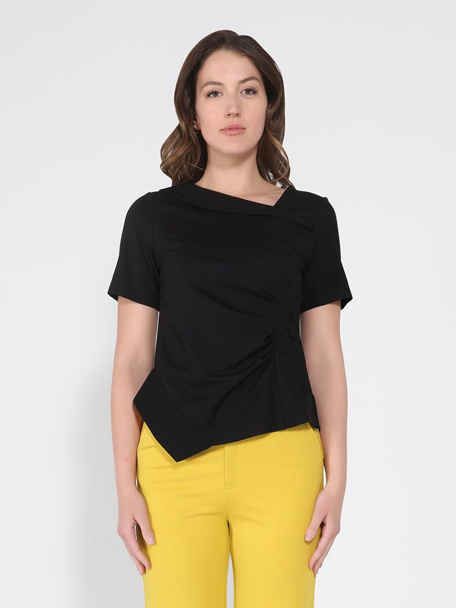 Gracia Fashion Women's Asymmetrical neck ruched detail solid top