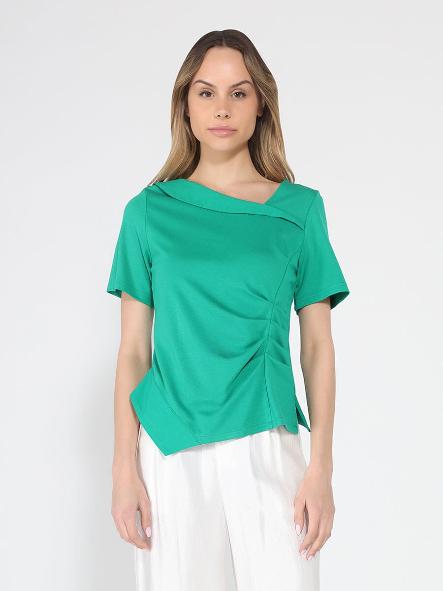 Gracia Fashion Women's Asymmetrical neck ruched detail solid top