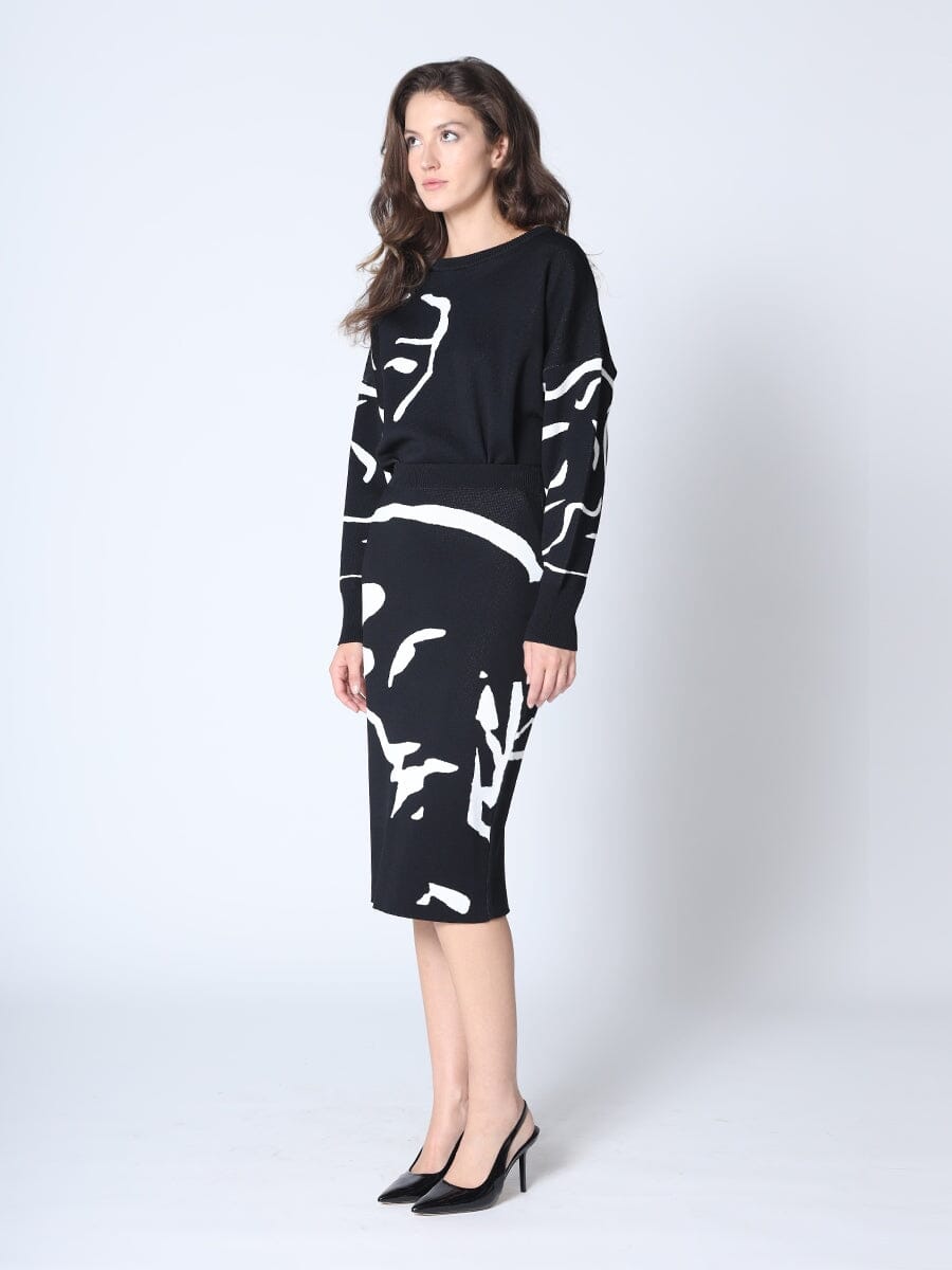 Gracia Fashion Women's Face-Line Printing Bodycon Knit Skirt w/Back Slit