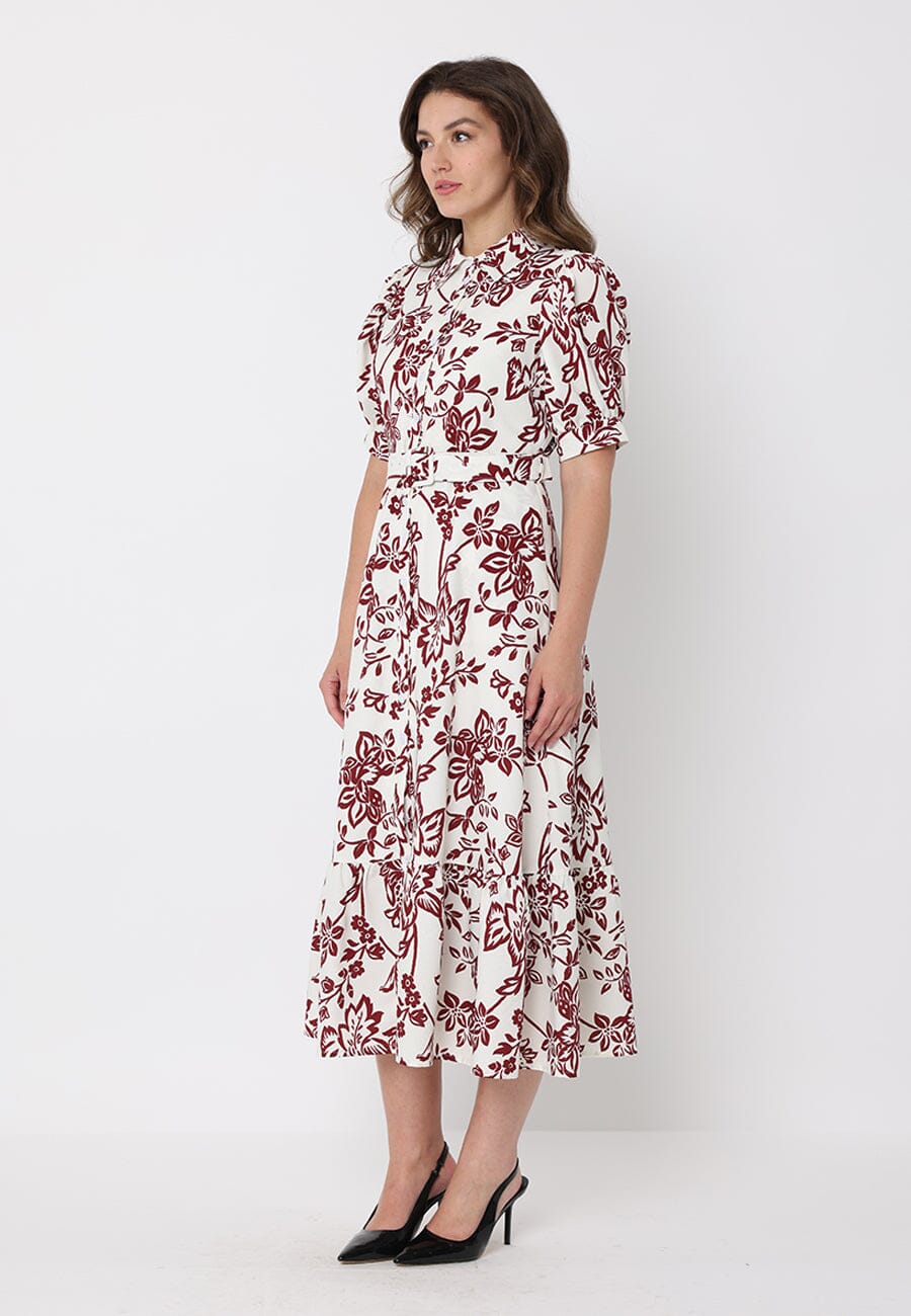 Gracia Fashion Women's Floral Print Puff Sleeve Button Down Midi Dress