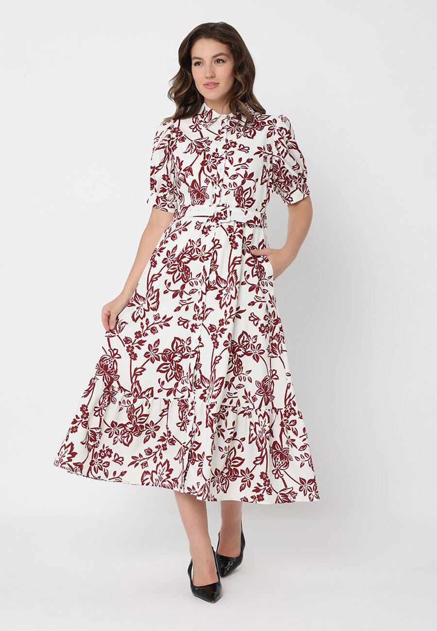 Gracia Fashion Women's Floral Print Puff Sleeve Button Down Midi Dress
