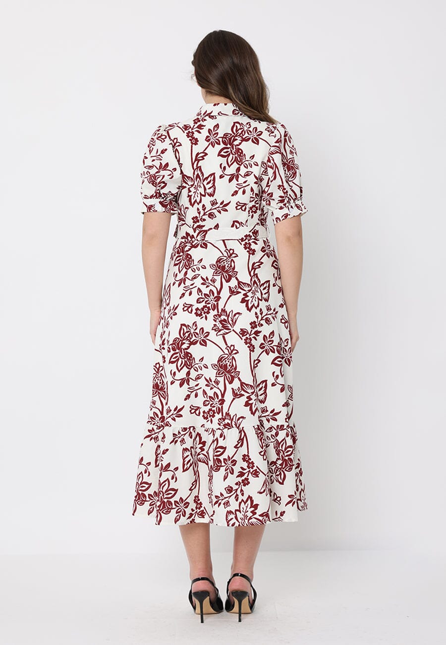 Gracia Fashion Women's Floral Print Puff Sleeve Button Down Midi Dress