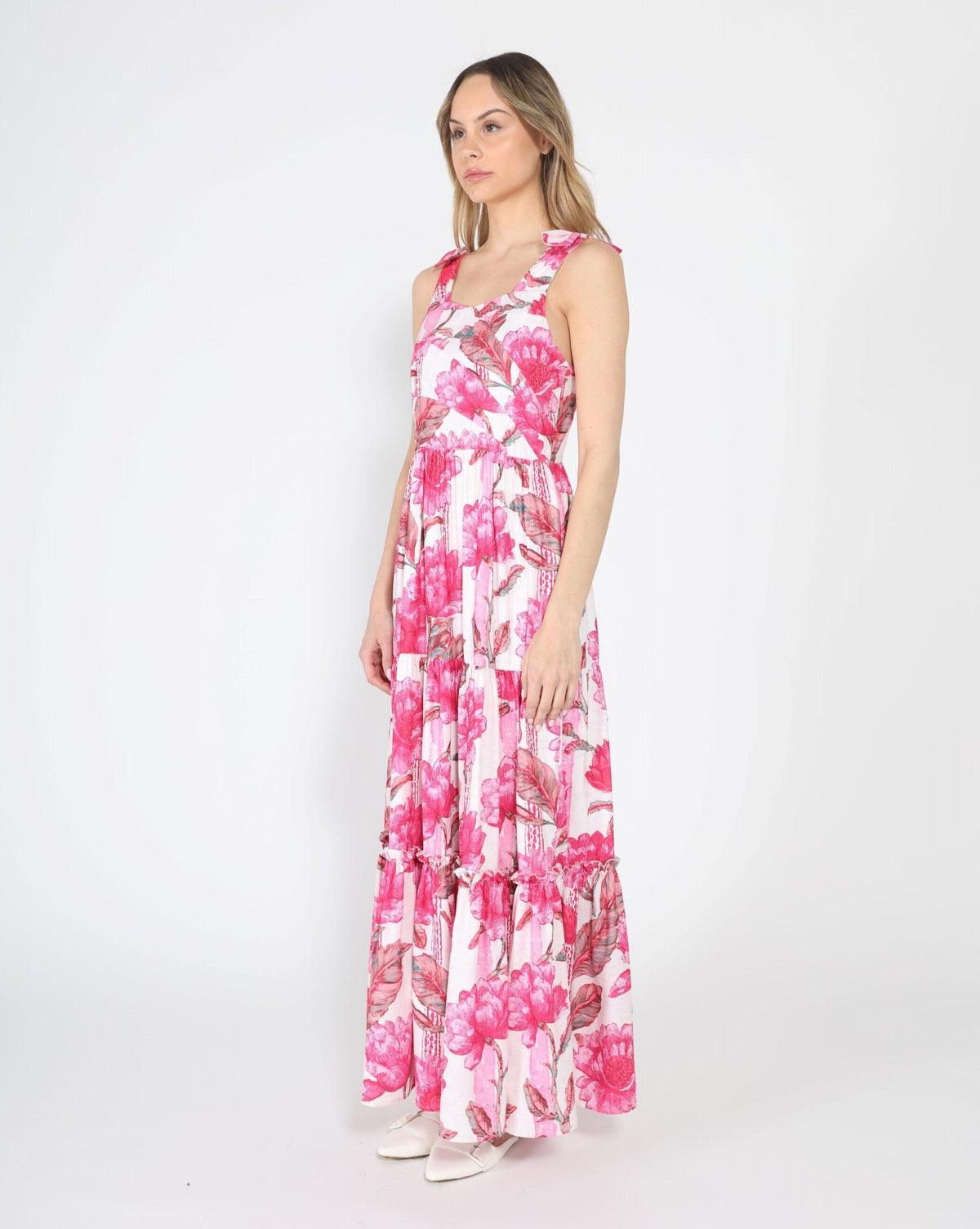 Gracia Fashion Women's Floral Print Sleeveless Tiered Long Dress