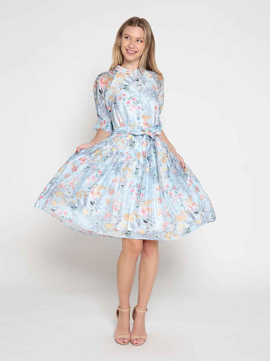 Gracia Fashion Women's Floral Printed Short Sleeve Belt Dress