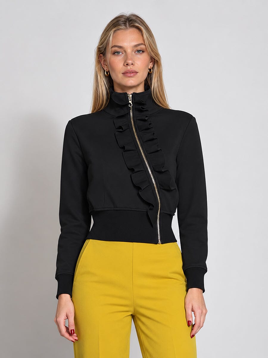 Gracia Fashion Women's Highneck Scuba Assymetrical Ruffled Zip Jacket