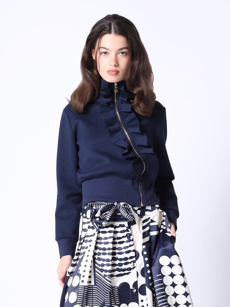 Gracia Fashion Women's Highneck Scuba Assymetrical Ruffled Zip Jacket