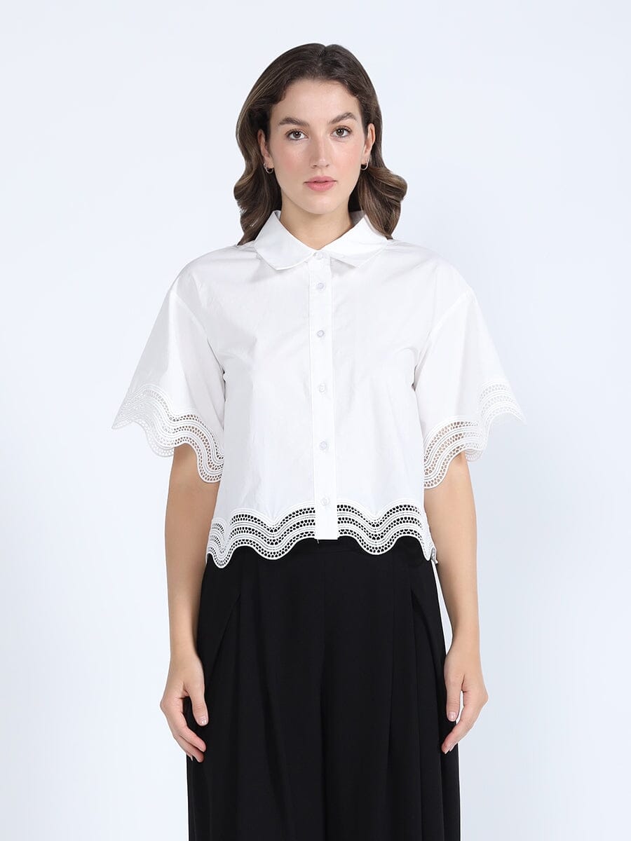 Gracia Fashion Women's Lace Hem Short Sleeve Button-Down Shirt