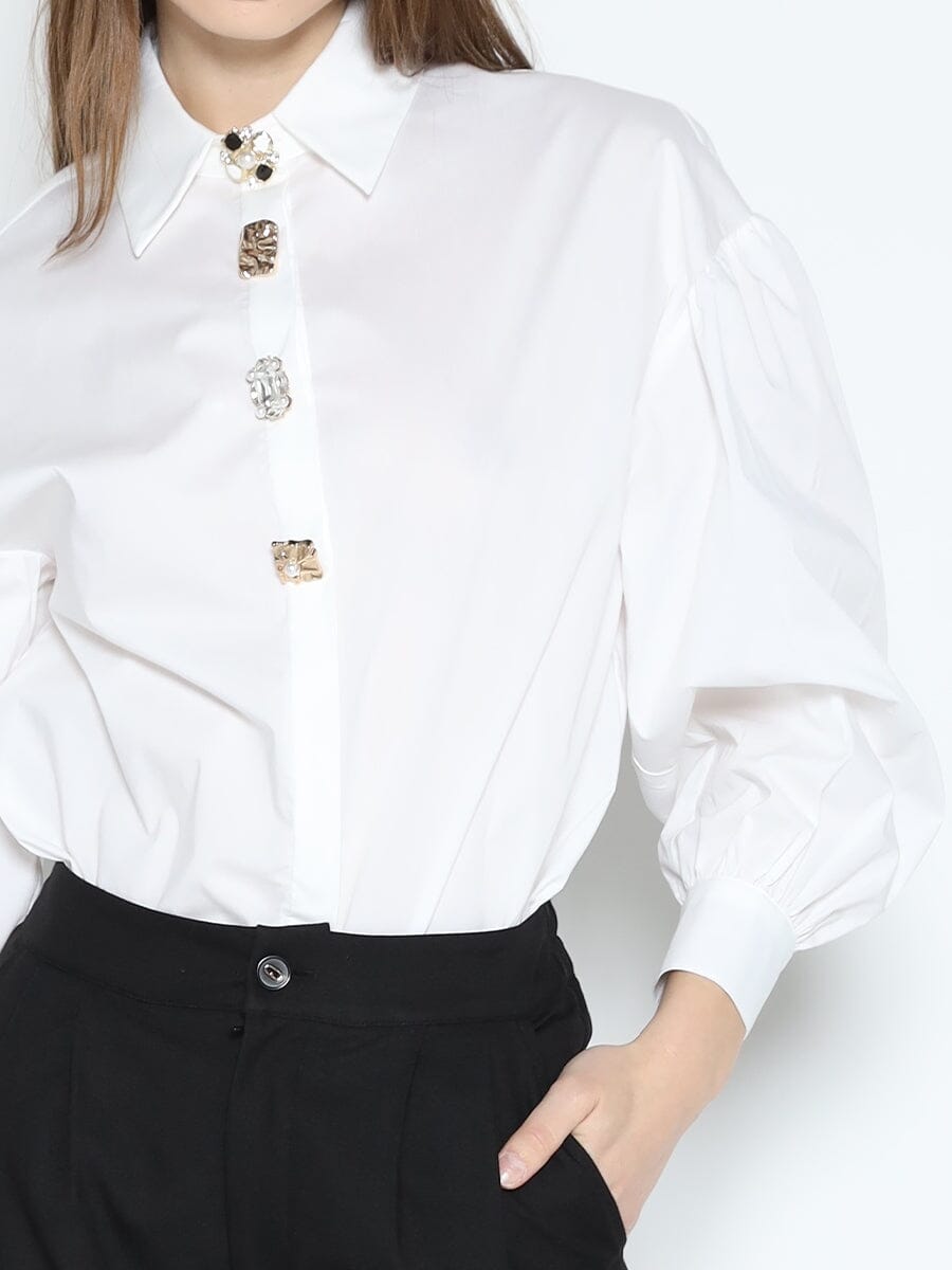 Gracia Fashion Women's Long Puff Sleeve Button Detail Cotton Shirt