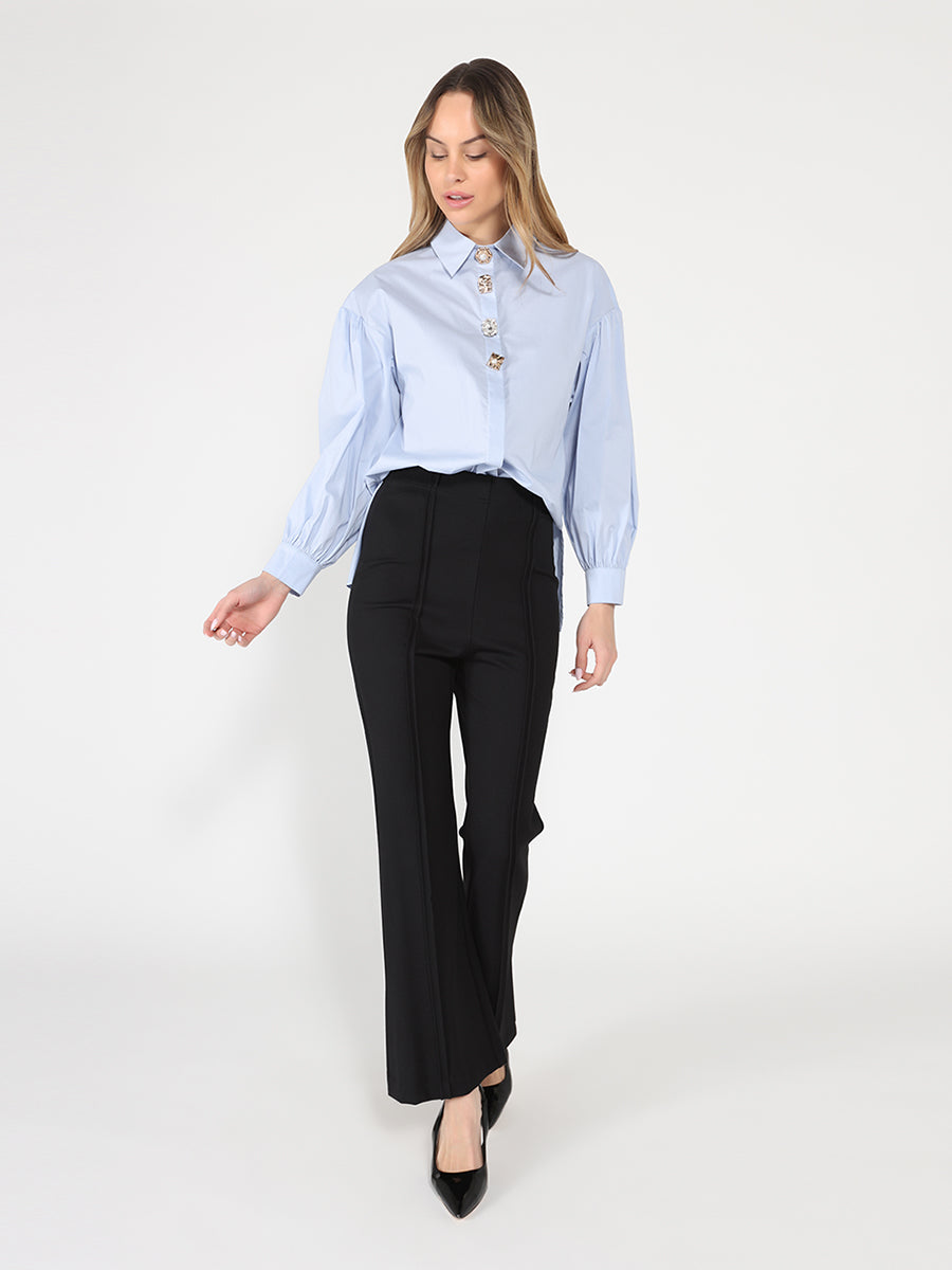 Gracia Fashion Women's Long Puff Sleeve Button Detail Cotton Shirt