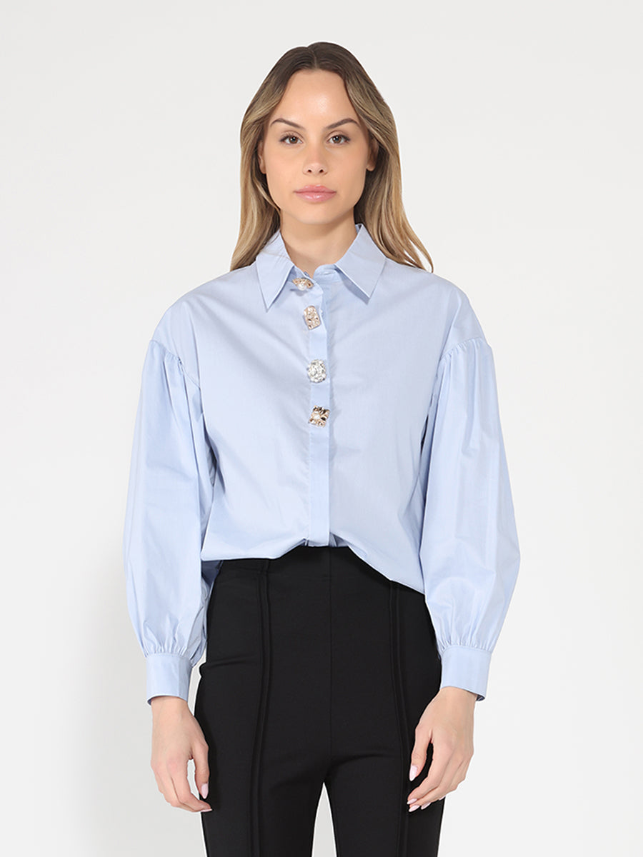 Gracia Fashion Women's Long Puff Sleeve Button Detail Cotton Shirt