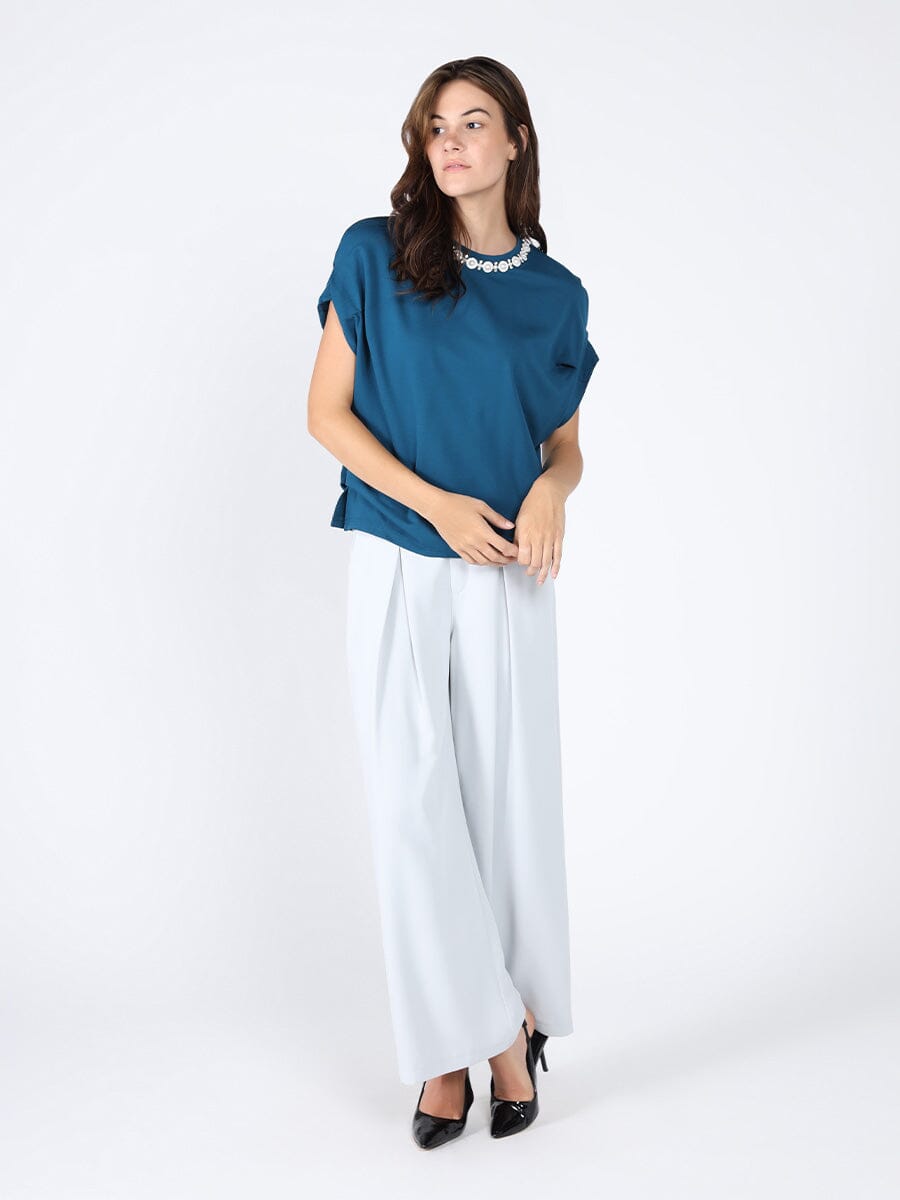 Gracia Fashion Women's Pearl Work Round Neck Top