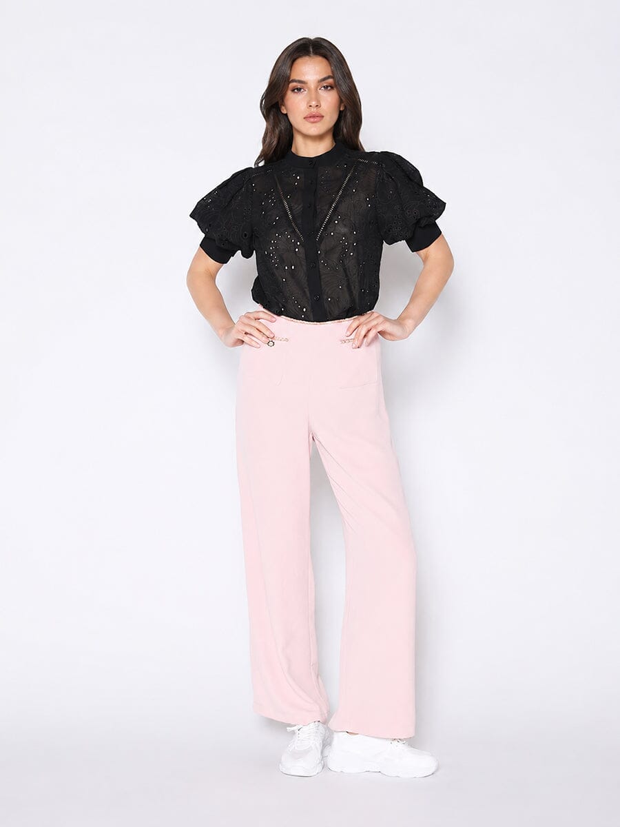 Gracia Fashion Women's Round-Neck Puff Sleeve Eyelet Top