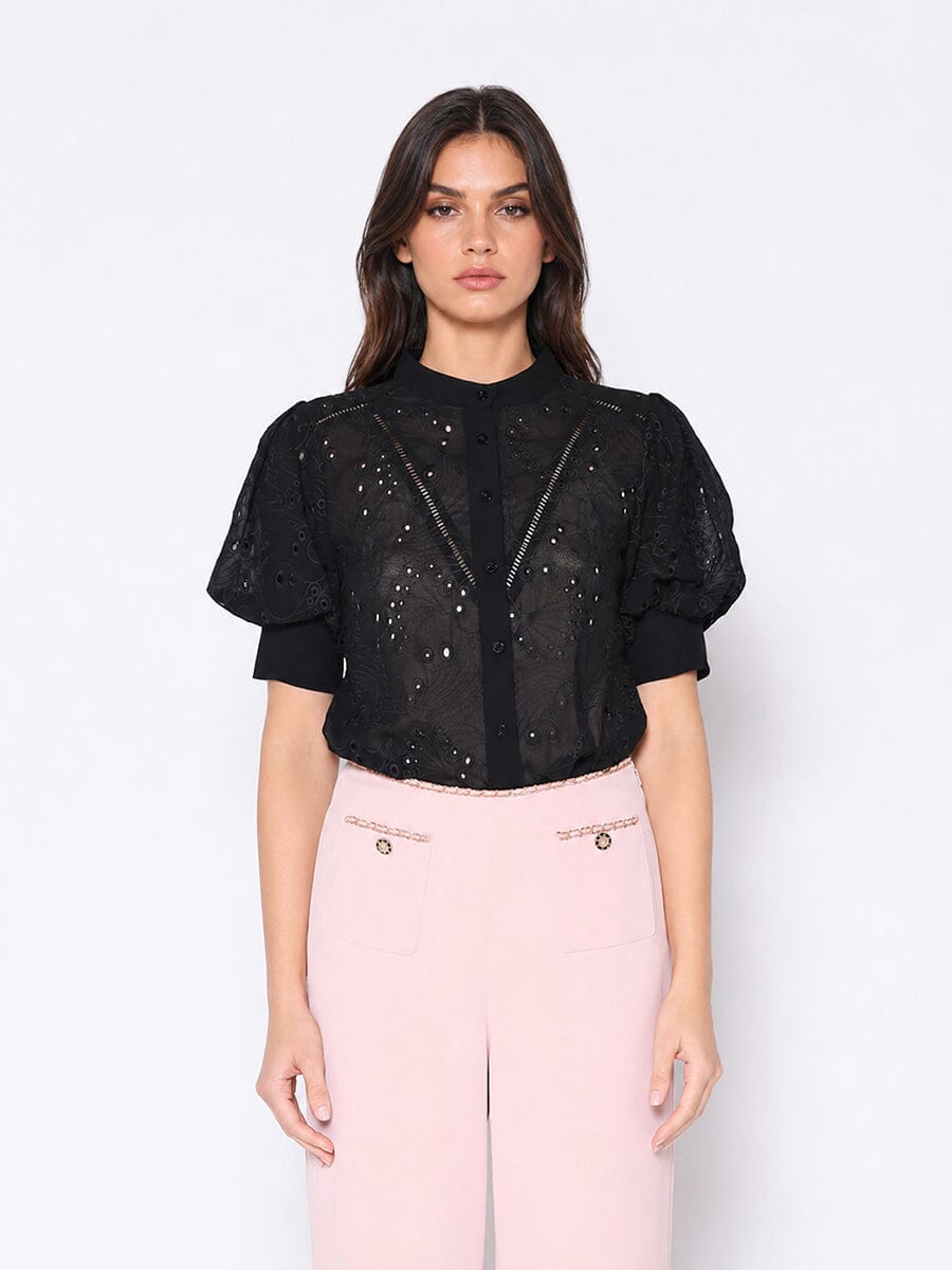 Gracia Fashion Women's Round-Neck Puff Sleeve Eyelet Top