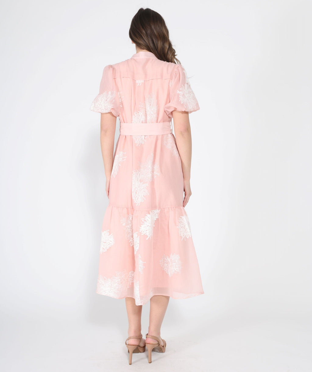 Gracia Fashion Women's Short Puff Sleeve Embroidery Detail Midi Dress