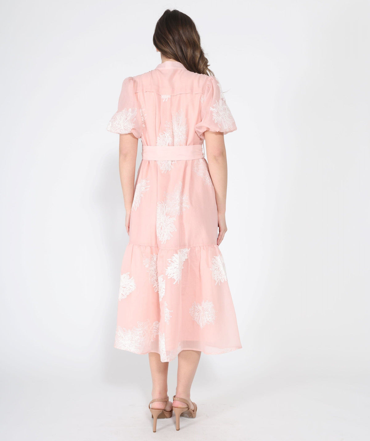 Gracia Fashion Women's Short Puff Sleeve Embroidery Detail Midi Dress