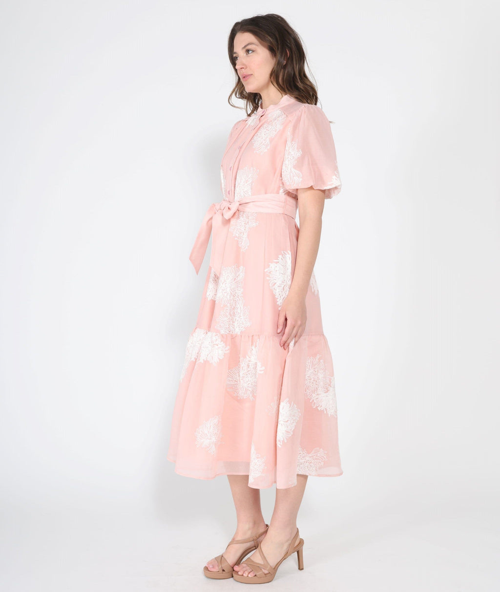 Gracia Fashion Women's Short Puff Sleeve Embroidery Detail Midi Dress