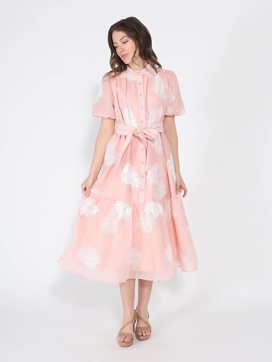 Gracia Fashion Women's Short Puff Sleeve Embroidery Detail Midi Dress