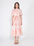 Gracia Fashion Women's Short Puff Sleeve Embroidery Detail Midi Dress