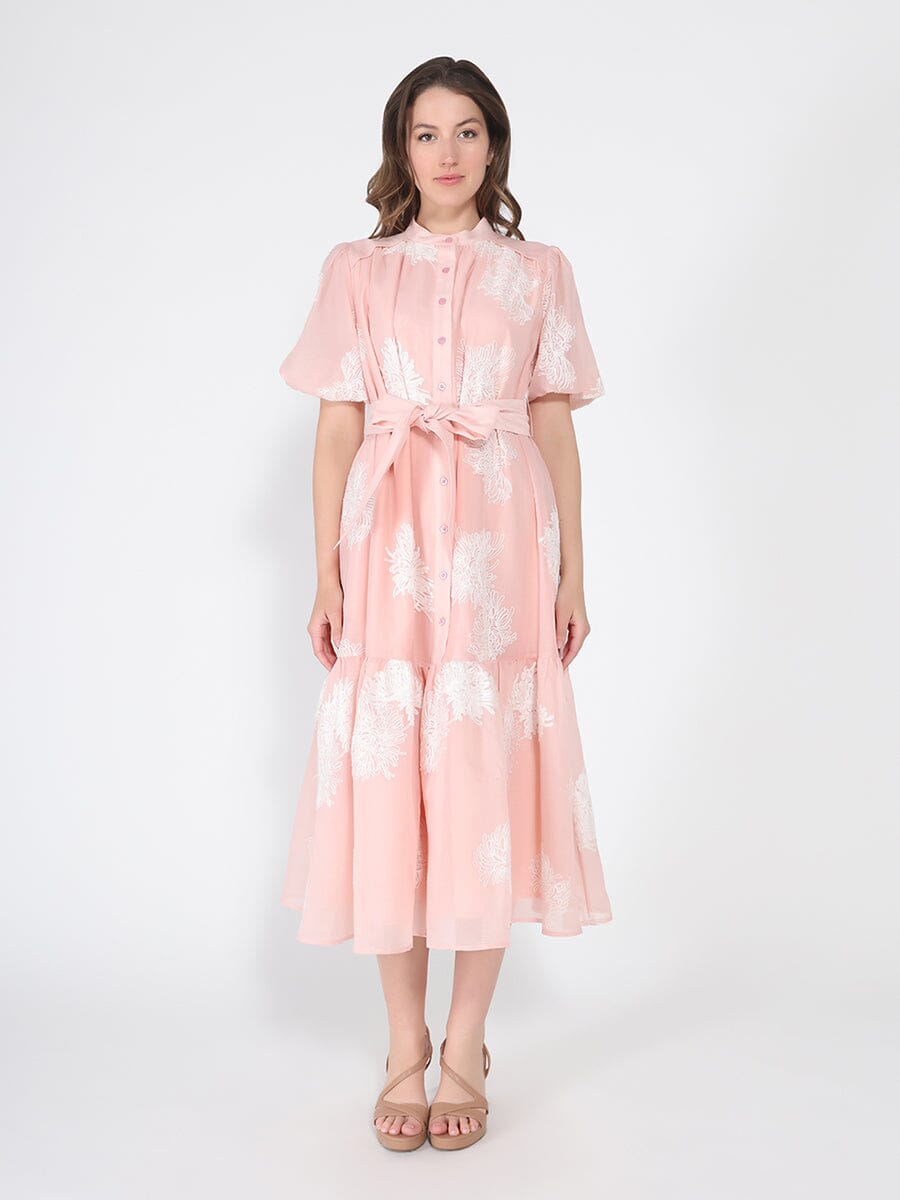 Gracia Fashion Women's Short Puff Sleeve Embroidery Detail Midi Dress