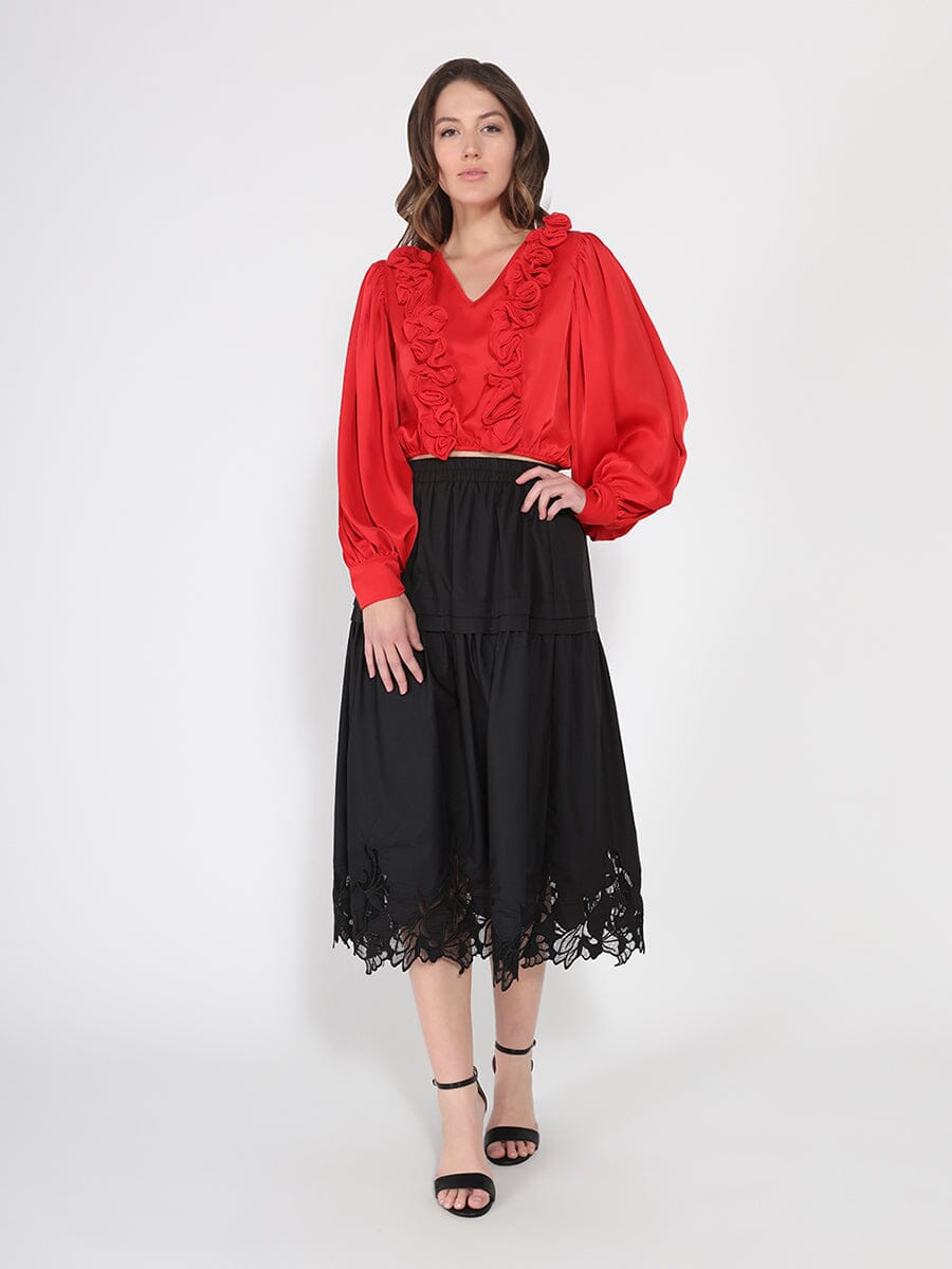 Gracia Fashion Women's V-Neck Long Sleeve Ruffle Detailed Crop Top