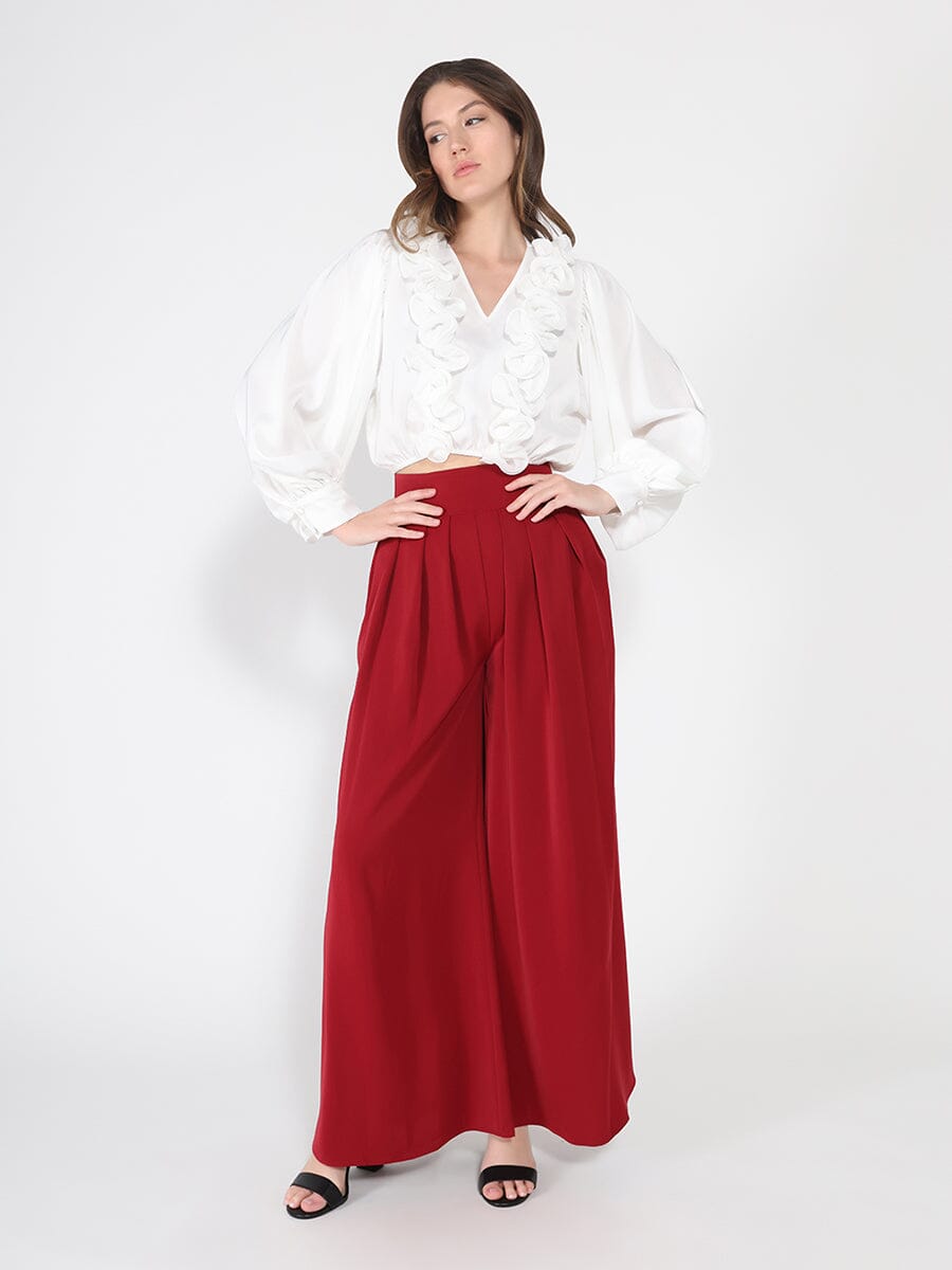 Gracia Fashion Women's V-Neck Long Sleeve Ruffle Detailed Crop Top