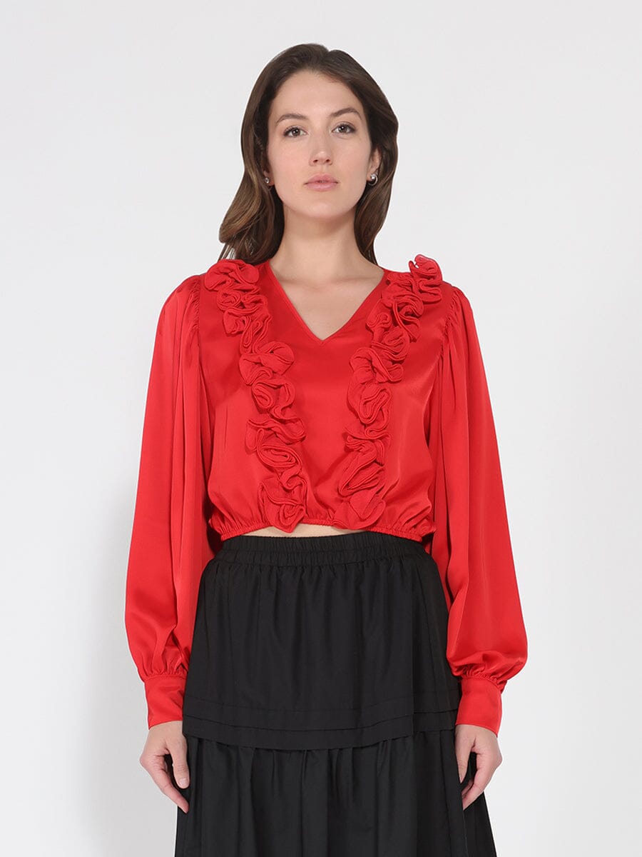 Gracia Fashion Women's V-Neck Long Sleeve Ruffle Detailed Crop Top